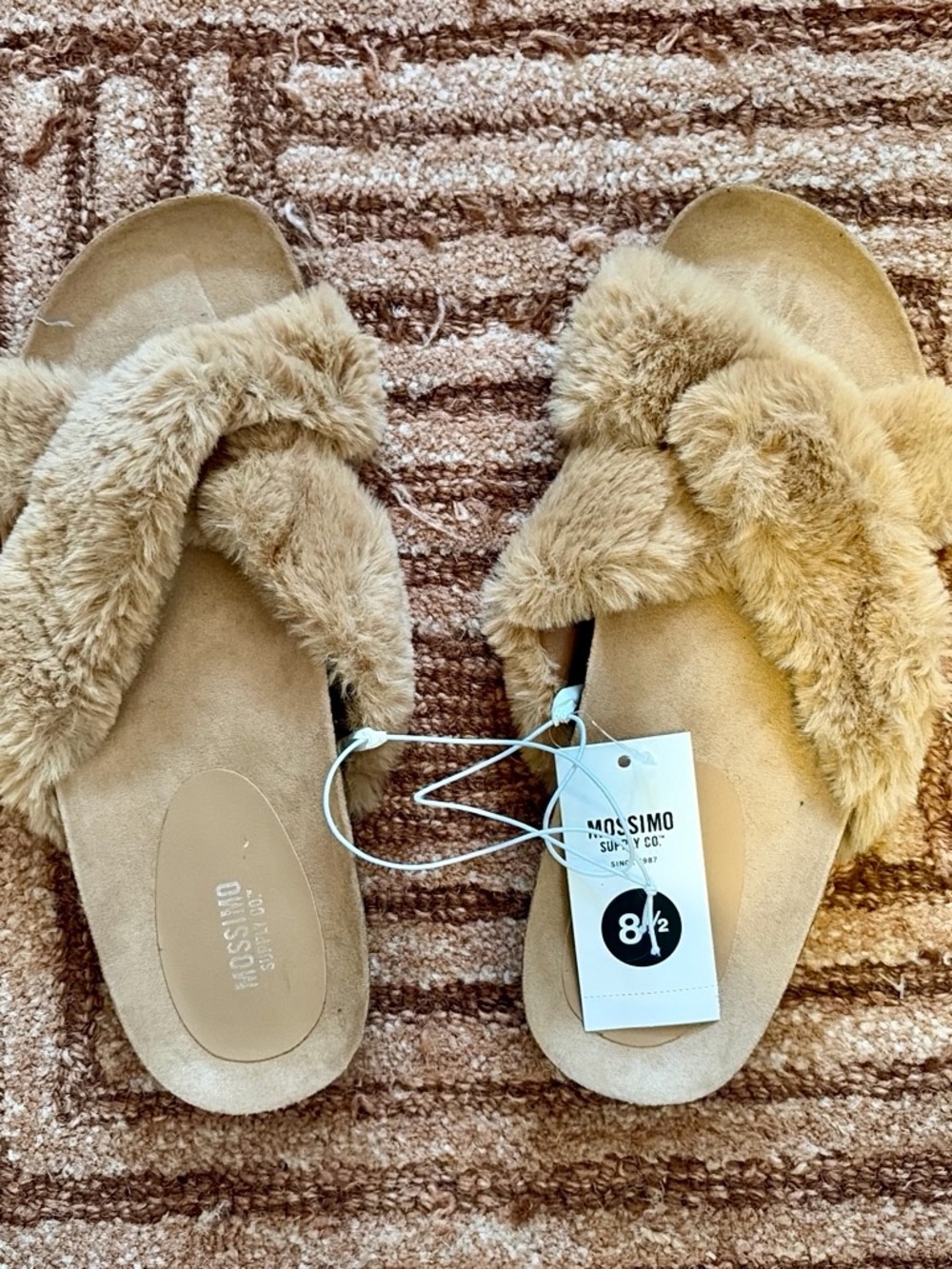 Mossimo Supply Co. Women's Tan Faux Fur Cross-Band Slide Sandals NWT